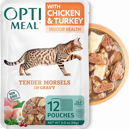 Optimeal Grain-Free Wet Cat Food Pouches – Chicken & Turkey in Savory Gravy, High Protein & Moisture-Rich Tender Morsels, Indoor Adult Cat Food Wet with Natural European Ingredients, 3 oz (Pack of 12)
