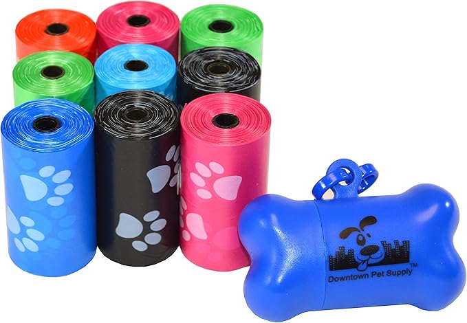 Downtown Pet Supply Poop Bags for Dogs with Dispenser, 180 Count - Leak-Proof Dog Waste Bags and Bone-Shaped Dog Poop Bags Holder for Leash - Rainbow with Paw Prints, 12.5" x 8.5"