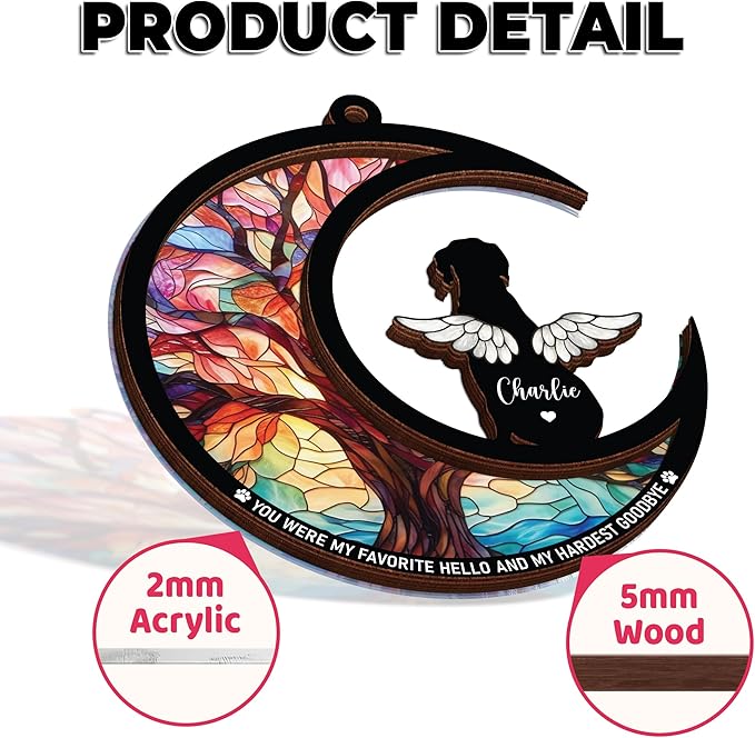 Personalized Angel Dog Memorial Suncatcher, Engraved Pet Memorial Ornament, Pet Sympathy Keychain, Loss of Animal Sympathy Card, Rainbow Bridge Dog Loss Gift, Bereavement Suncatcher Hanging