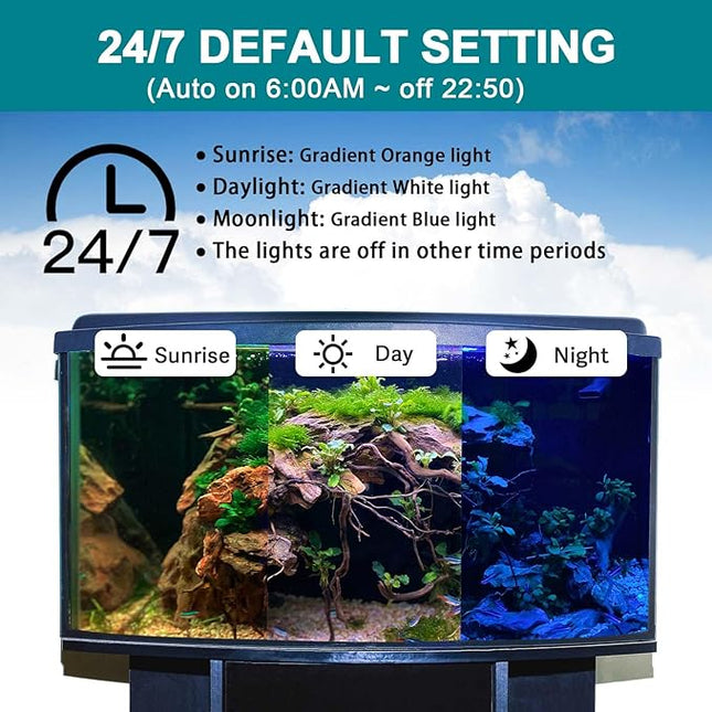 hygger 24/7 Mode Submersible Aquarium LED Light, Full Spectrum Hidden Fish Tank Light with 3 Rows Beads 7 Colors Auto On Off Sunrise-Daylight-Moonlight, Adjustable Timer Brightness 12W