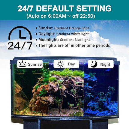 hygger 24/7 Mode Submersible Aquarium LED Light, Full Spectrum Hidden Fish Tank Light with 3 Rows Beads 7 Colors Auto On Off Sunrise-Daylight-Moonlight, Adjustable Timer Brightness 6W