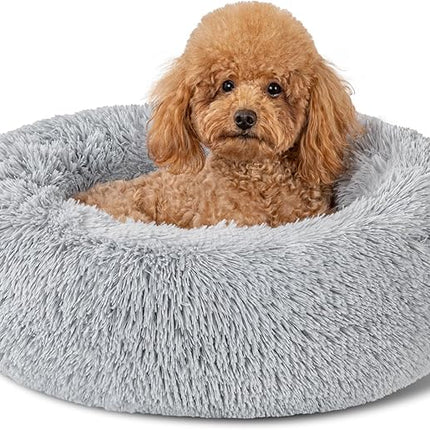 Dog Calming Beds for Small Medium Large Dogs - Round Donut Washable Puppy Dog Bed, Anti-Slip Faux Fur Fluffy Donut Cuddle Anxiety Cat Pet Bed(Light Grey 20")