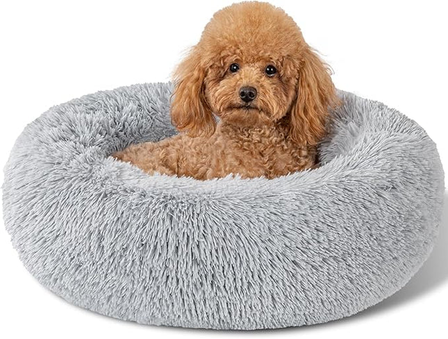 Dog Calming Beds for Small Medium Large Dogs - Round Donut Washable Puppy Dog Bed, Anti-Slip Faux Fur Fluffy Donut Cuddle Anxiety Cat Pet Bed(Light Grey 20")