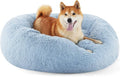 Bedsure Calming Dog Bed for Medium Dogs - Donut Washable Medium Pet Bed, Anti-Slip Round Fluffy Plush Faux Fur Cat Bed, Fits up to 45 lbs Pets, Light Blue, 30 inches