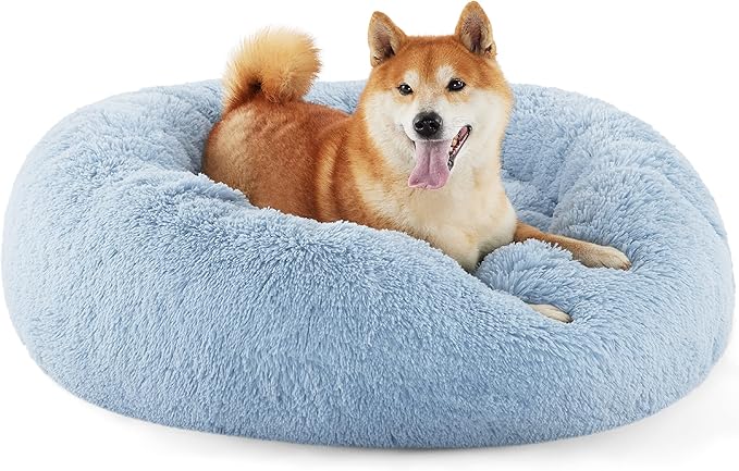 Bedsure Calming Dog Bed for Medium Dogs - Donut Washable Medium Pet Bed, Anti-Slip Round Fluffy Plush Faux Fur Cat Bed, Fits up to 45 lbs Pets, Light Blue, 30 inches