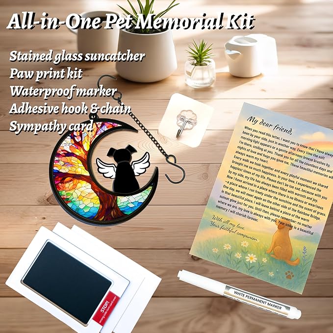 Dog Memorial Gift for Loss of Dog – DIY Angel Memorial Suncatcher & Paw Print Kit for Dogs with Sympathy Card | Pet Memorial Keepsake(Tree Life)