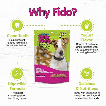 Fido - Belly Bones for Dogs, Yogurt Flavored Small Dog Dental Treats - 13 Treats Per Pack (3 Pack) - Made in USA, Plaque & Tartar Control, for Fresh Breath and Digestive Health Support