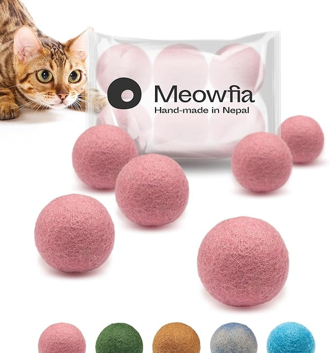 MEOWFIA Wool Ball Toys - 6-Pack of Safe for Cats and Small Dogs Balls - 2 Inch Felted Wool Cat Toy and Dog Toy - Perfect with Cat Cave - Silent - Mini Tennis Balls - (2in/Pink)