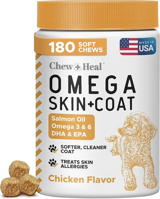 Omega 3 for Dogs - 180 Soft Chew Omega Treats for Skin and Coat - Fish Oil Blend of Essential Fatty Acids, Omega 3 and 6, Vitamins, Antioxidants and Minerals - Made in USA