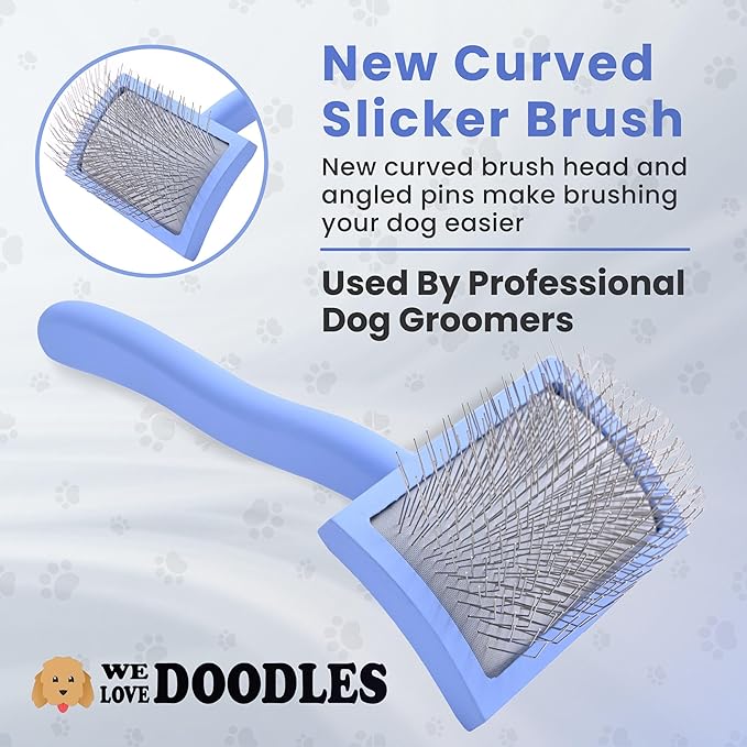 Slicker Brush for Dogs, Dog Grooming Supplies - Best Doodle & Poodle Brush for Long Haired Dogs - Goldendoodle Long Pin Detangler For Dematting (Medium Curved)