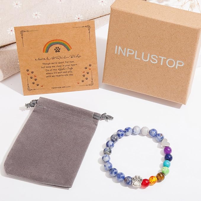 Pet Memorial Gifts for Dogs, Rainbow Bridge Bracelet for Dog Cat, Pet Sympathy Gift, 8MM Mixed Color Bead 7 Chakra Pet Memorial Bracelet for Women Men Who Loss of Pets, Dog Remembrance Gift