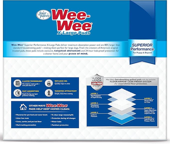 Four Paws Wee-Wee Superior Performance Unscented Extra-Large Pee Pads for Dogs & Puppies, Quilted Leak-Proof Dog Housebreaking Potty Training Floor Protection, 28" x 34", 200 Count