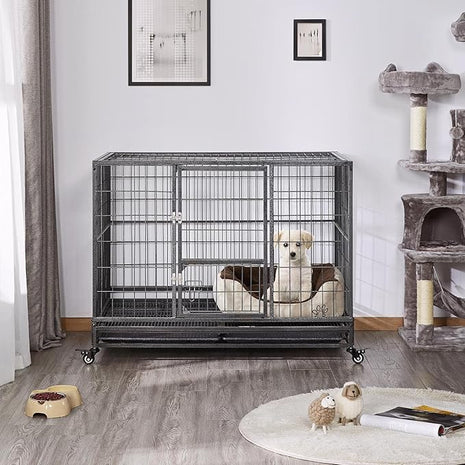 Yaheetech Dog Crate 43-inch Heavy Duty Metal Dog Cage Collapsible Open Top Pet Kennel w/Double Doors & Prevent Escape Locks/Lockable Wheels/Double Tray Indoor Outdoor, Black