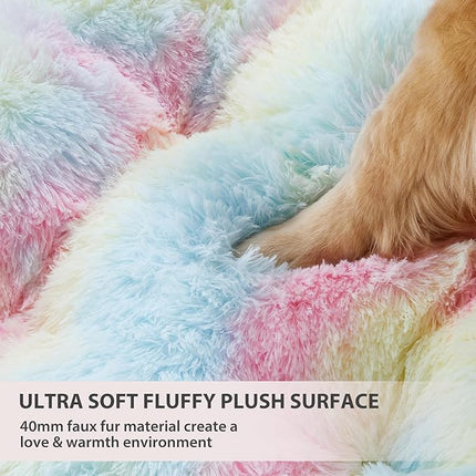 BFPETHOME Dog beds for Large Dogs, Plush Crate Bed with Fluffy Cozy Kennel pad, Washable Mats with Anti-Slip Bottom for Large Dogs, 41"x27", Rainbow