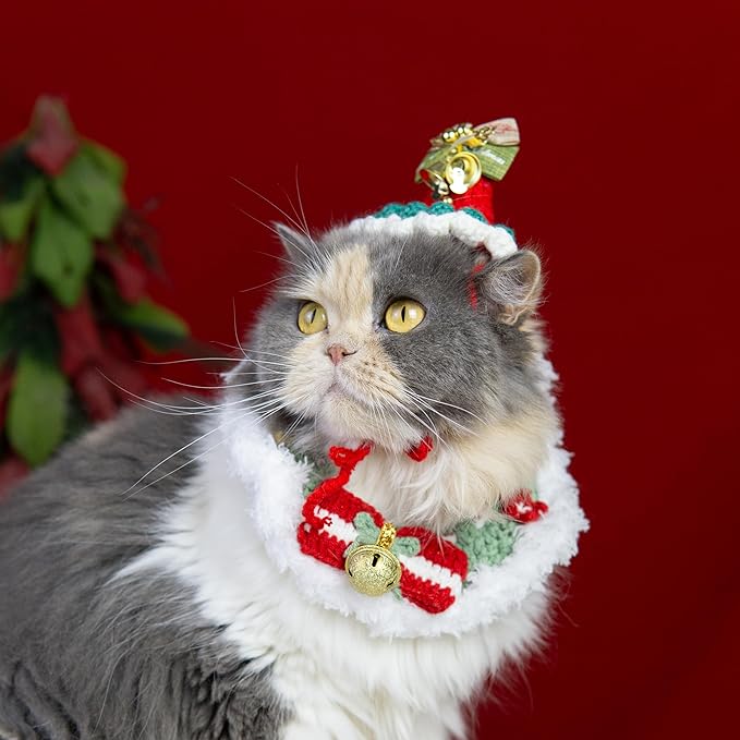 Christmas Cat Costume, Handmade Dog Holiday Outfit with Christmas Tree Hat & Wreath Scarf Set, Adjustable, Lightweight & Breathable, Pet Accessories for Xmas Party & Photos