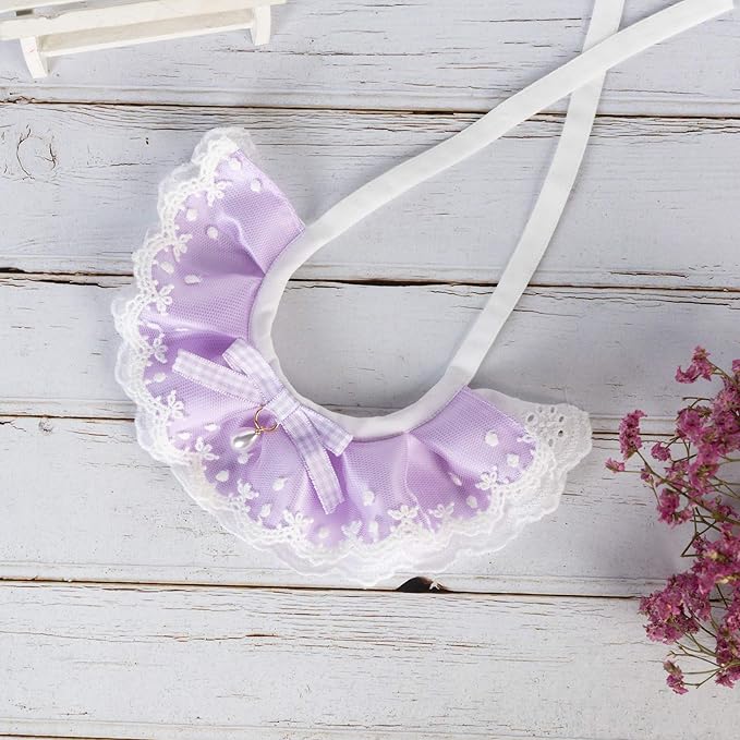 2PCS Dog Cat Collar Water Drop Pearl Bow Lace Pet Bib Cute Scarfs Necklace Neck Strap for Pet Costume Supplies Purple XS
