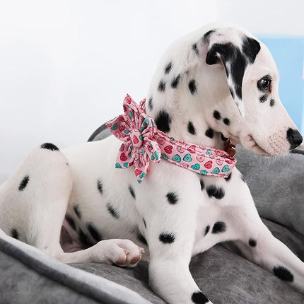 Maca Bates Valentine's Day Dog Collar with Flroral Bow for Small Girl Boy Dogs,Pink Love Hearts Pattern,Adjustable Durable Soft Valentine Gift for Female Male Puppy