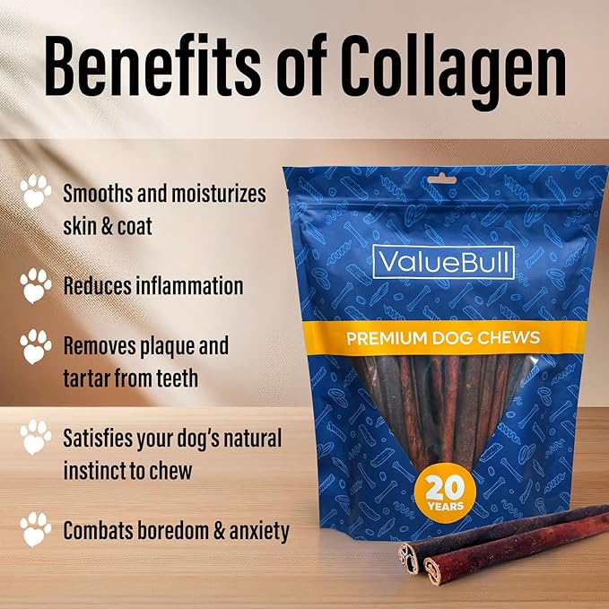 ValueBull Collagen Sticks for Dogs, 12 Inch Medium Chews, Natural Long-Lasting Dog Treats, 25 Count - Supports Joints, Skin & Coat with Chondroitin & Glucosamine