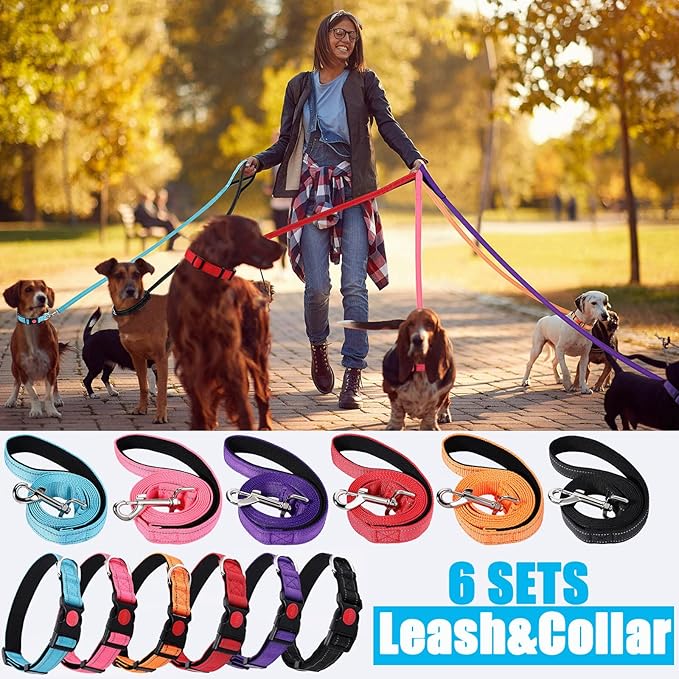 6 Sets Reflective Dog Leash and Collar Set, Nylon Leashes Adjustable Dog Collar Heavy Duty Padded Handle Leash for Small Medium Large Dogs Walking Training(Lovely Color)