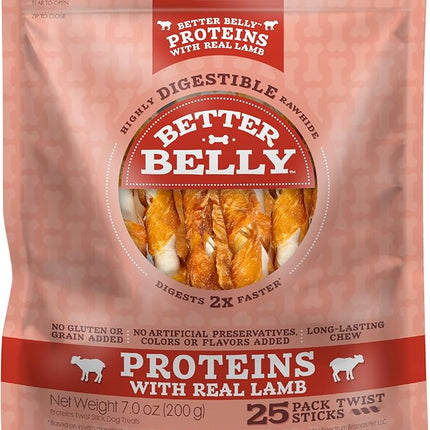 Better Belly Proteins With Real Lamb Twists, Digestible Rawhide For Dogs, 25 Count