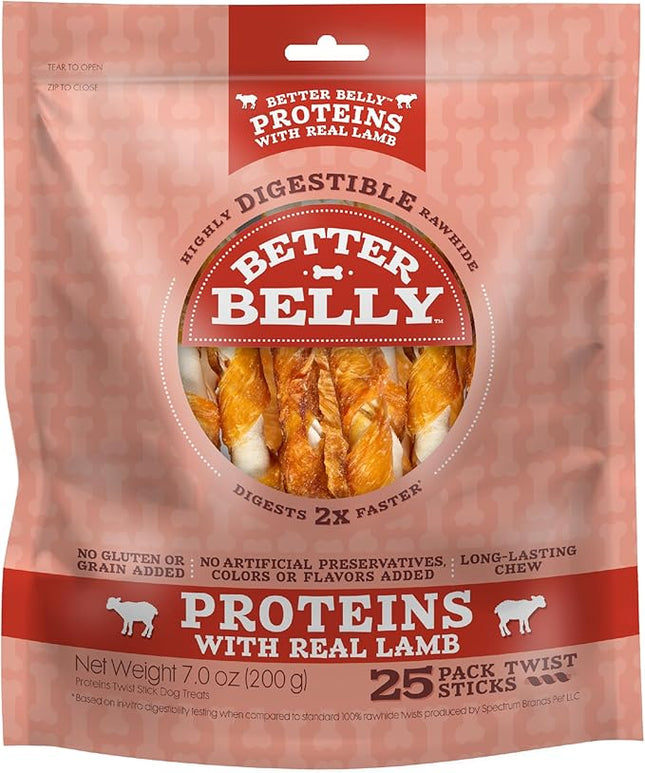 Better Belly Proteins With Real Lamb Twists, Digestible Rawhide For Dogs, 25 Count