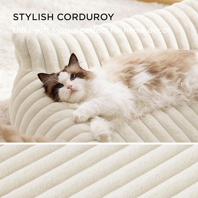 Bedsure Cute Cat Couch for Pets - Fluffy Dog Bed Small Medium Size Dog with Premium Soft Corduroy Fleece, Pet Sofa with Removable Washable Cover, Supportive Couch Bed for Small Dogs, 30inch, Cream