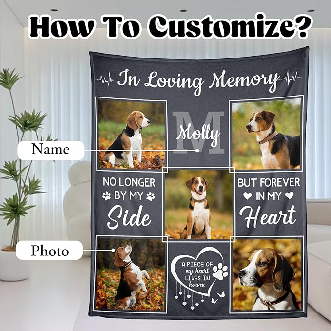WFR Personalized Pet Memorial Throw Blanket with Photo-Pet Memorial Gifts for Dogs Cats Loss of Dog Sympathy Gift Bereavement Remembrance Passing Away Gifts (5-Photos (in Love Memory))