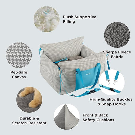 Lesure Small Dog Car Seat for Small Dogs - Waterproof Dog Booster Seat for Car with Storage Pockets and Clip-On Safety Leash and Thickened Memory Foam Filling, Pet Travel Carrier Bed Grey Grid