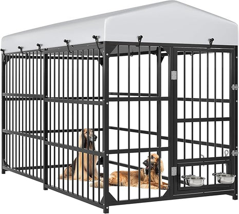 YITAHOME Large Outdoor Dog Kennel with Rotating Feeder Bowls, 8'L x 4'W x 5.4'H Dog Pens Outside with Roof, Heavy Duty Dog Cage for Medium Large Dogs