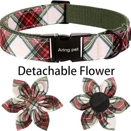 ARING PET Christmas Dog Collar, Cute Xmas Red Green Plaid Detachable Flower Pet Collar with Metal Buckle for Puppy Small Medium Large Boy Girl Dog-M