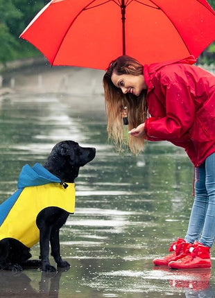 BiPawTi Dog Rain Jackets for Medium Dogs, Lightweight Reflective Safety Pet Rain Jacket, Waterproof Dog Raincoat with Hood/Leash Hole/Reflective Strip - Yellow + Blue, M