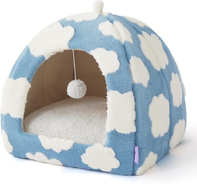 Lesure Cute Cat Beds for Indoor Cats - 2 in 1 Large Cat Cave Bed for Puppy and Small Dog with Removable Washable Cushioned Pillow, Cozy Kitten Tent with Non-Slip Bottom, Blue, 17.3 inches
