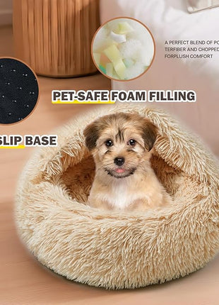 Cat Bed for Indoor Cats, Calming Cozy Cave with Self-Warming Plush, Entire Bed Machine Washable & Anti-Slip Base, Breathable Pet Bed for Small Cats&Dogs All Seasons (Apricot Color, 24 * 24inch)
