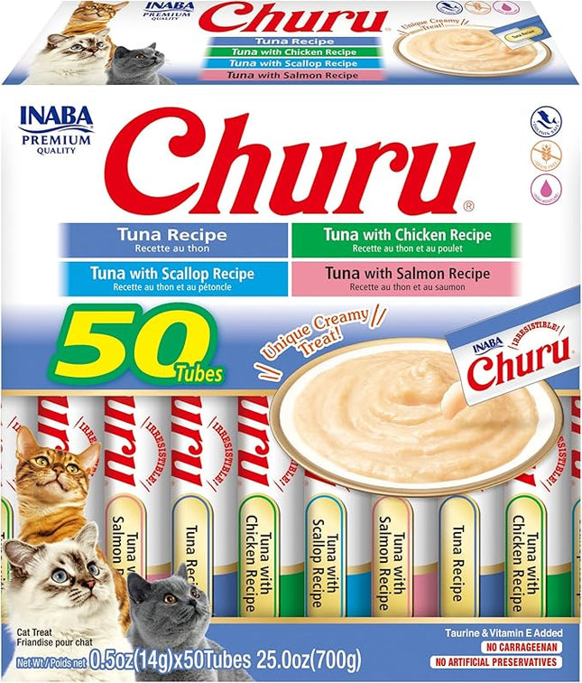 INABA Churu Cat Treats, Grain-Free, Creamy Purée Cat Treat/Topper, Tuna Variety
