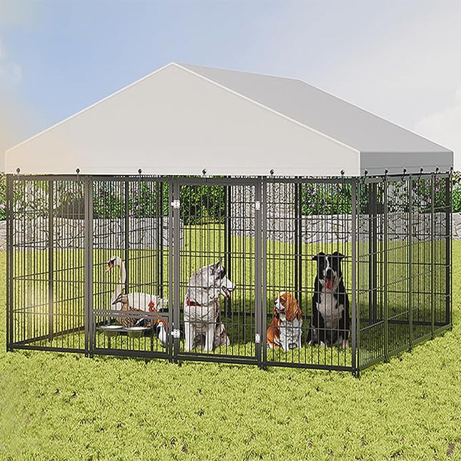 Large Outdoor Dog Kennel with Roof, 9.62’ x 9.35’ x 6.18’ Metal Pet Enclosure, UV & Weatherproof, Spacious Dog Run with Adjustable Feeders Suitable for Dogs, Chickens, Rabbits & More