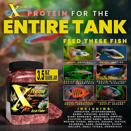 Xtreme Krill Flakes - Premium Max Protein Freshwater Fish Food with 100% Krill and Shrimp, & Vitamins for Optimal Immune and Digestive Health, Boosts Color & Energy – USA Farm Grown (3.5oz)