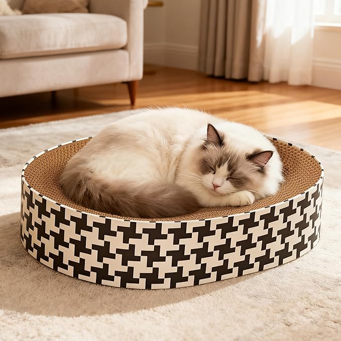 2-in-1 Oval Cat Scratcher Cardboard Bed Lounge, Durable Cat Scratch Pad for Indoor Cats/Kittens, Corrugated Kitty Scratching Bowl with Furniture Protector, 16.33 * 13.19"