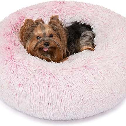 Friends Forever Donut Dog Bed Faux Fur Fluffy Calming Sofa For Small Dogs, Soft & Plush Anti Anxiety Pet Couch For Dogs, Machine Washable Coco Pet Bed with Non-Slip Bottom, 23"x23"x6" Pink