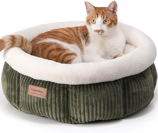 FUKUMARU Cat Bed, Corduroy Round Cat Beds for Indoor Cats, Washable Fluffy Pet Bed for Cats and Puppy, Soft Cute Small Dog Beds, Green