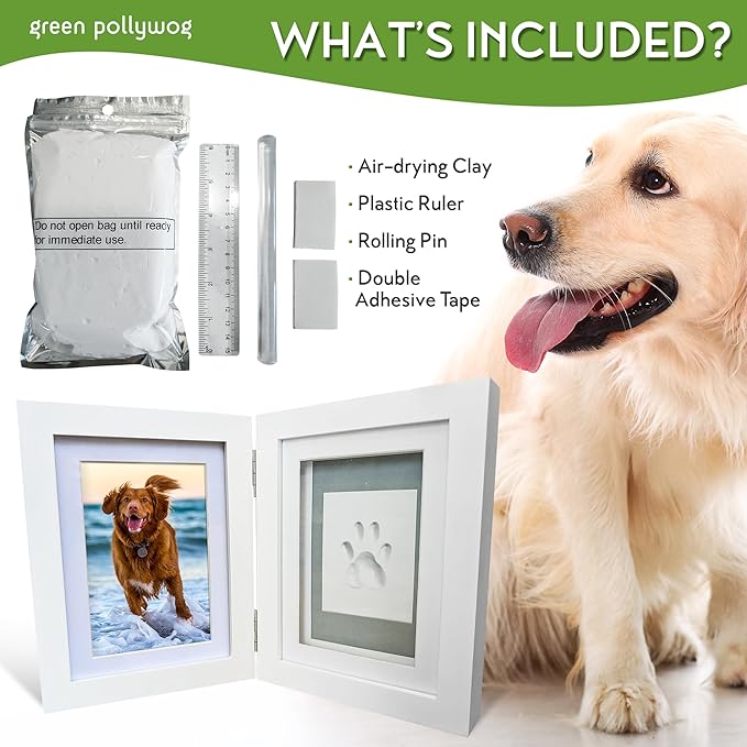 Green Pollywog | Paw Print Pet Keepsake Hinge Photo Frame + Clay Print Kit | Tabletop Photo Frame + Extra-Large Air-Dry Clay Imprint Kit | 4” x 6” Picture Openings