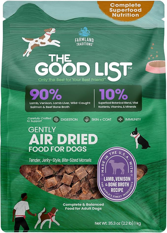 Farmland Traditions The Good List Air-Dried Dog Food, Premium Lamb, Venison, & Bone Broth for Dogs, Protein Rich & Grain-Free Nutrition, 2.2 Pound Bag