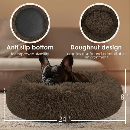 Dogs Bed for Small Dogs, Anti-Anxiety Washable Round Bed (Coffee, 24.0" L x 24.0" W x 8.0" Th)