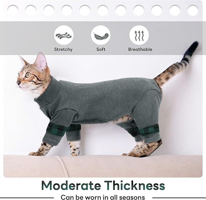 PUMYPOREITY Cat Shirt with Rear Snap Closure, Stretchable Cat Sweater, Comfort Pajamas Post-Bath, Recovery Suit - Full Coverage for Wound Care, Kitten Onesie - Machine Washable, S, Grey