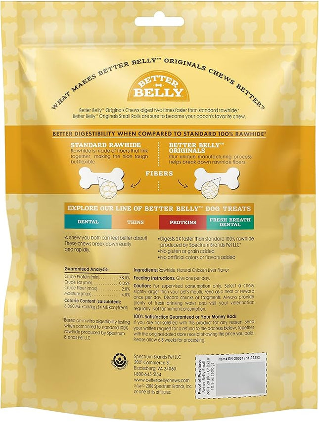 Better Belly Originals Natural Chicken Liver Flavor Small Rolls 20 Count, Highly Digestible Rawhide