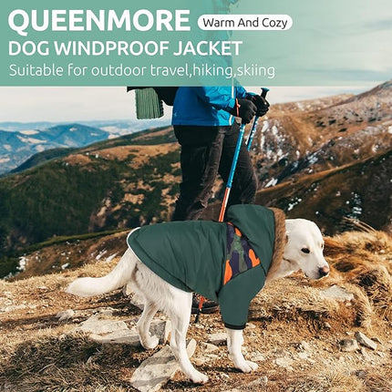 Queenmore Warm Dog Winter Coat, Cold Weather Waterproof Snow Jacket with Reflective Hoodie, Long Sleeves for Small to Large Dogs