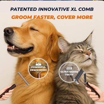 Large Dual-Sided Dogs and Cats Brush for Shedding, Unique Blade Designed Deshedding Dog Brush for Long & Short Haired Dogs, Safe&Pro Shedding Tools, Undercoat Rake for All Coats, Premium Walnut Handle