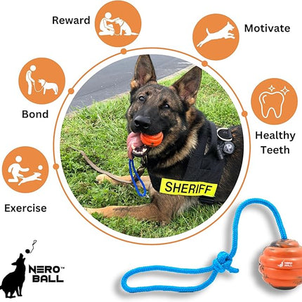 Nero Ball Pro K-9 Dog Training Ball on Rope – 2.75″ Heavy-Duty Natural Rubber Reward & Tug Toy with Nylon Throw Handle – High-Visibility Orange – Police, Military & Sport Working Dogs Fetch