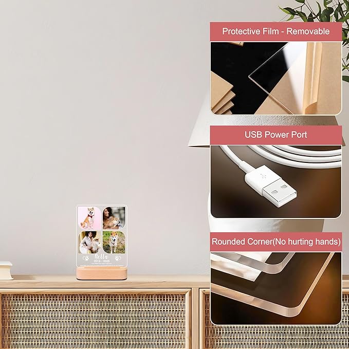 Personalized Pet Memorial Gifts, Dog Memorial Gifts for Loss of Dog, Pet Loss Gifts in Memory of Dog Night Lights, Custom Dog Memorial Plaque, Cat Memorial Photo Frame, Pet Sympathy Gifts