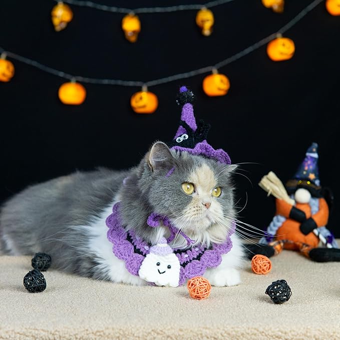 Halloween Cat Costume & Dog Outfit – Handmade Purple Witch Hat & Cute Ghost Cat Clothes, Adjustable Pet Outfit for Cats &Small Dogs, Lightweight & Breathable, Festive Pet Accessories