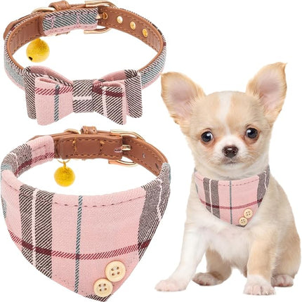 EXPAWLORER Dog Collar Bandana Set - Classic Plaid Dog Bow Tie and Bandana Collar with PU Leather, Adjustable Collars for Small Medium Large Dogs Cats, Holiday Ideal Gift, Pink XS